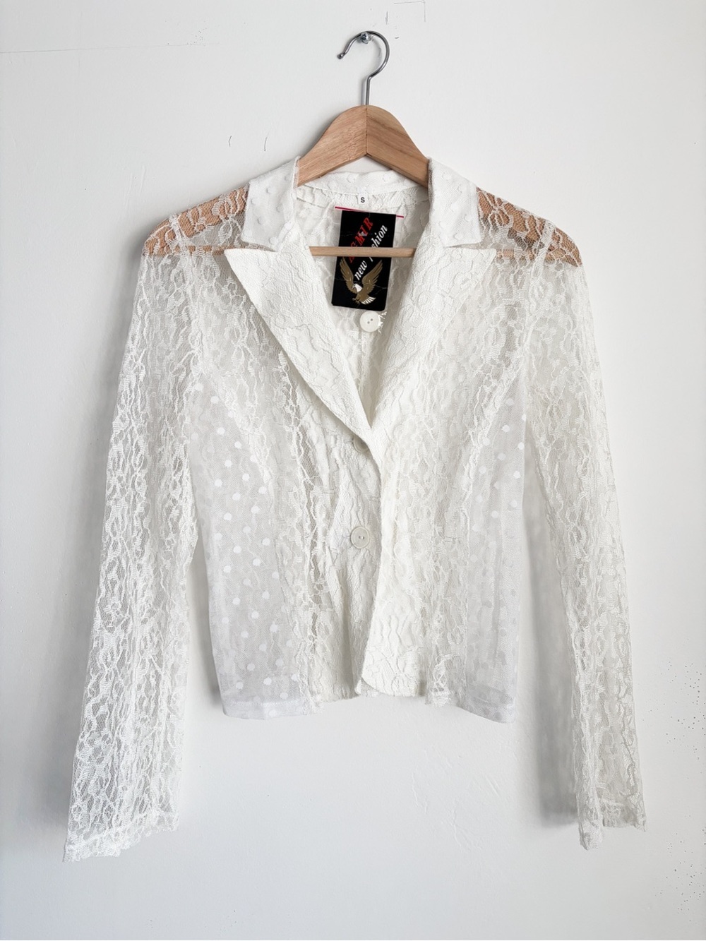 Vintage AGMIR European Handcrafted White Lace & Polka Dot Sheer Blouse - Size S